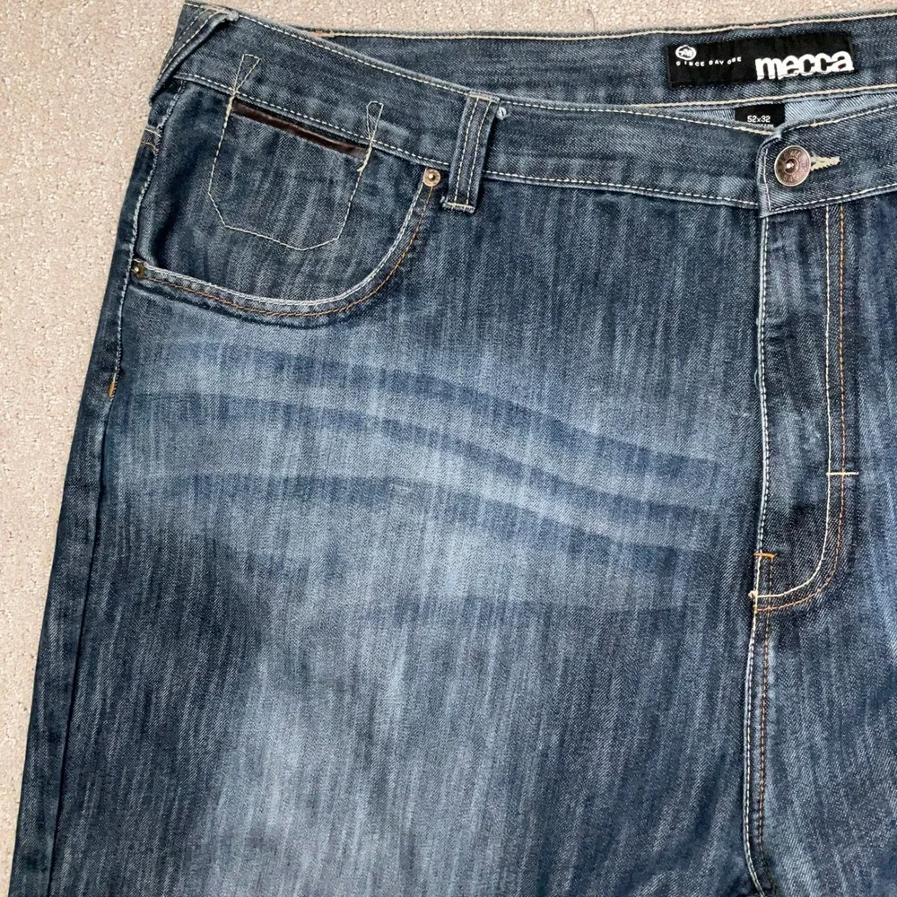 Mecca Jeans Mens‎ 52W 32L Blue Fade Whisker Stitched Relaxed Fit Y2K Urban Denim
